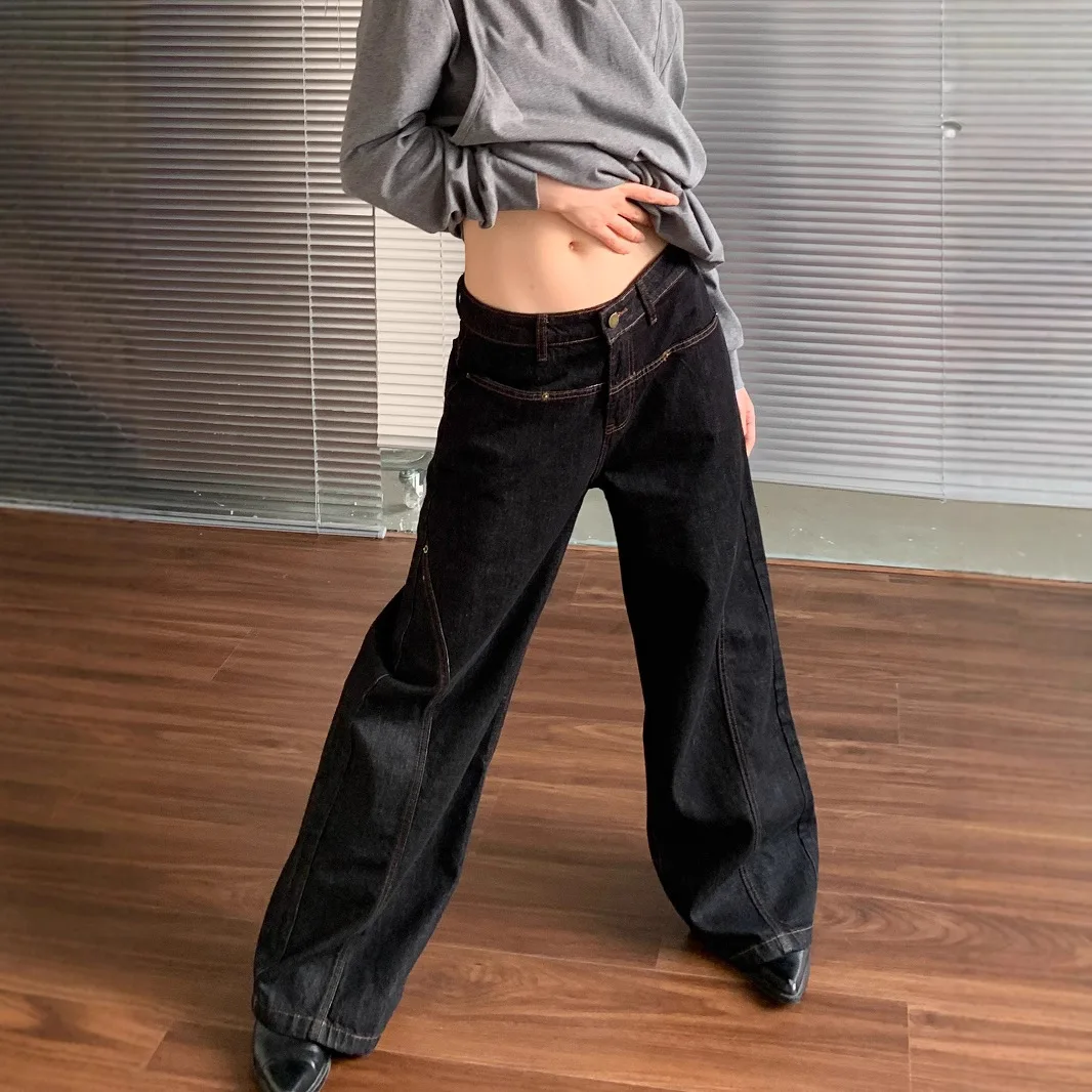 Y2K Baggy Denim Trouser Washed Vintage High Waist Solid Casual Minimalist Pants Grunge Oversized Street Retro Jeans