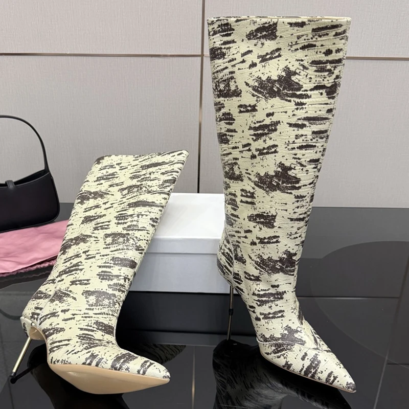Print Pointed Toe Metal Stilettos Knee High Boots Woman Winter 2026 Slip-On High Heel Shoes Women's Eye Catching Print Shoes