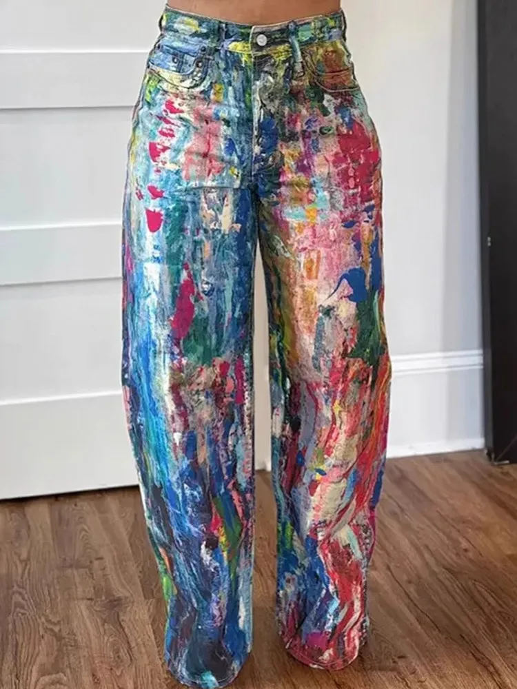 النساء عالية الخصر بنطال ذو قصة أرجل واسعة لامعة مستقيم السراويل الطويلة بالازو عادية العصرية بنطلون 2025 ربيع الخريف الشتاء بنطلون جديد #3