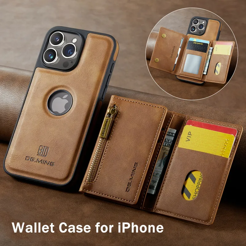 Detachable Magnetic Leather RFID Zipper Wallet Case for Magsafe IPhone 16 15 14 13 12 11 Pro Max Plus Cards Pocket Holder Cover