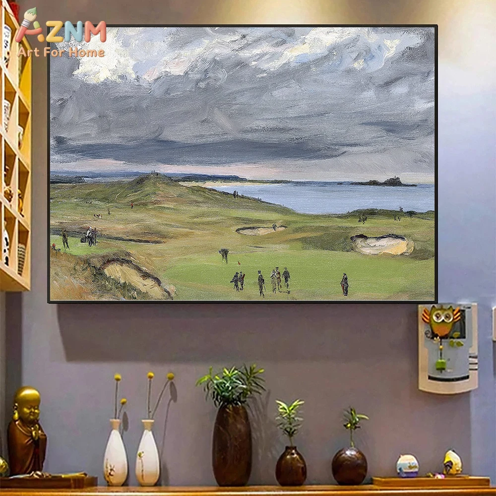 AZNM Vintage Golf Course Landscape Oil Painting Wall Art Canvas Print Unframed Coastal Links Scenery Poster For Man Cave Office