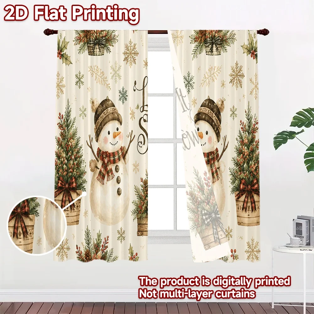 2D FLAT PRINTING 2pcs Curtains (Without Rod) Christmas Snowman Scene Light Filtering Popular Curtains Machine Washable Fabric