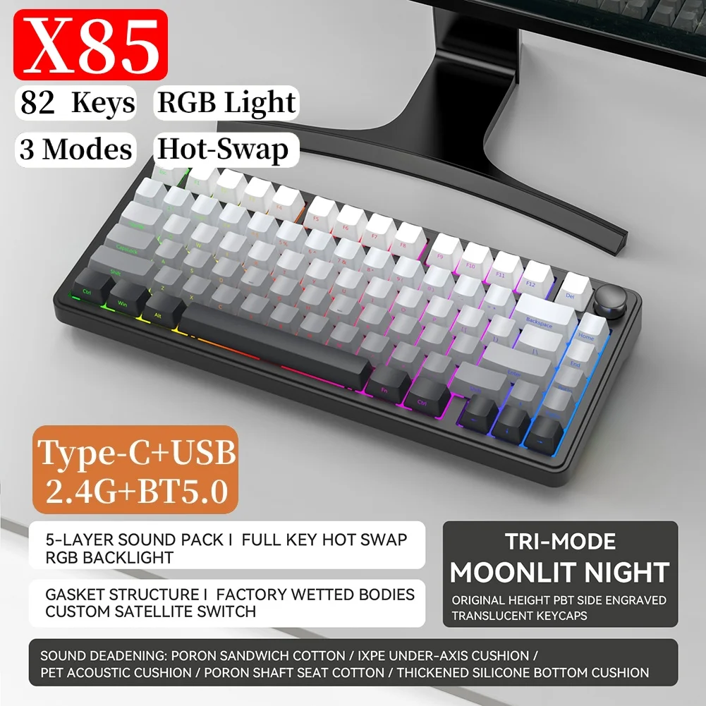 X85 Mechanical Keyboard 82 Key RGB Tri-Mode Hot-Swappable Keyboard Bluetooth-Compatible 2.4GHz Personalized Keypad for PC Laptop