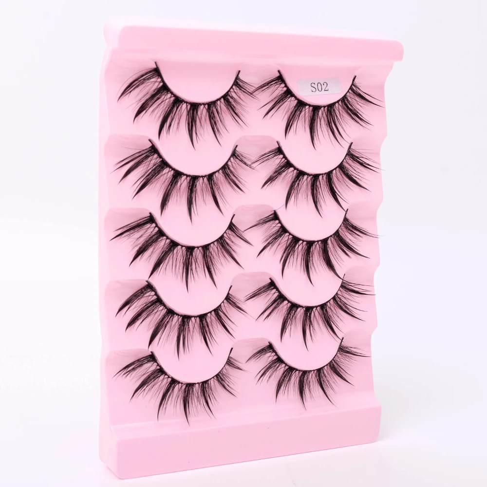 Neue 5/10 Paar Natürliche Wet False Eyelashes für den täglichen Gebrauch, scharfe, dicke, künstliche, gekreuzte Make-up-Wimpern – Detail 7