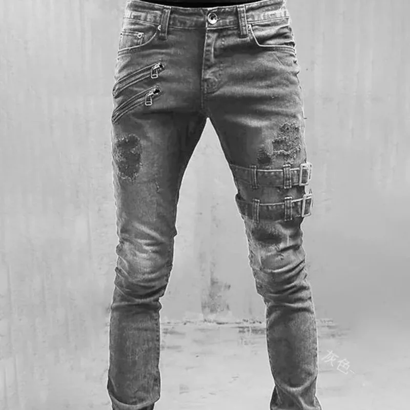 Jeans longo de motocicleta masculino, design de personalidade, perna pequena apertada, calça masculina, nova para primavera e outono