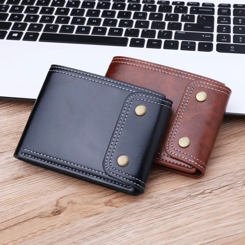 

Buckle Wallet Man Short 9 Card Slot Purse Oil Wax PU Leather Wallet Men With Zipper Inner Pocket Men's Dollar Bag 2022 Hot Sale