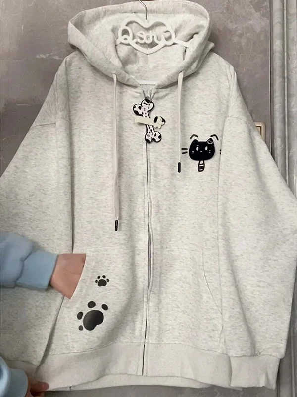

Chic Print Hoodie Cardigan Women's Autumn Winter College Style Fashionable Loose Fit Long Sleeve Zipper Closure Outerwear