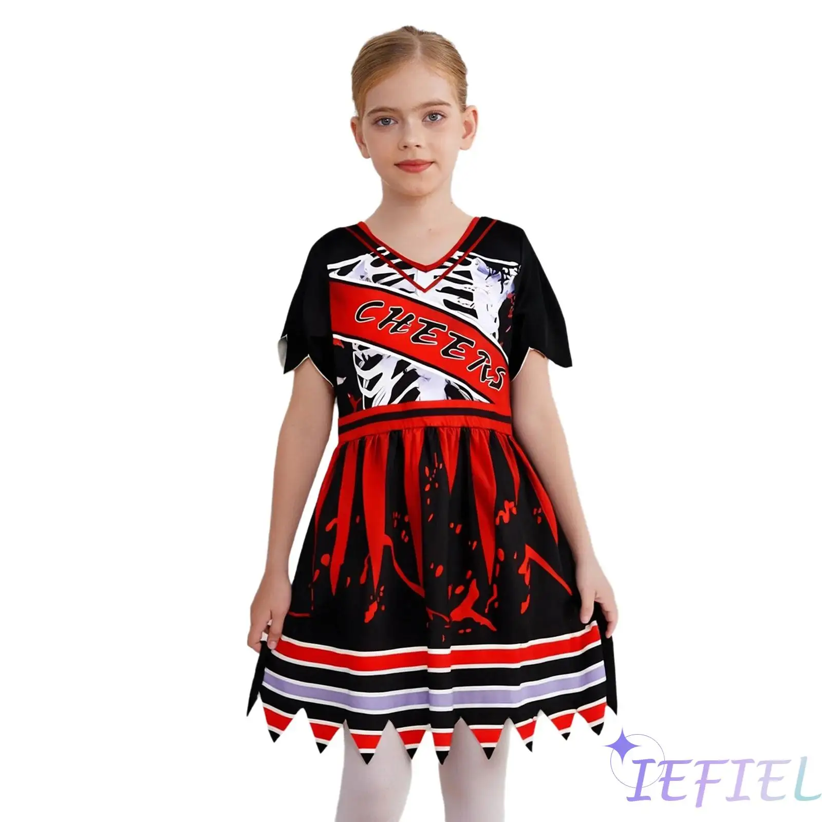 

Kids Girls 3Pcs Cheer Costumes Color Block Print Cheerleading Dress And Hand Pom-pom for Halloween Cosplay Themed Parties