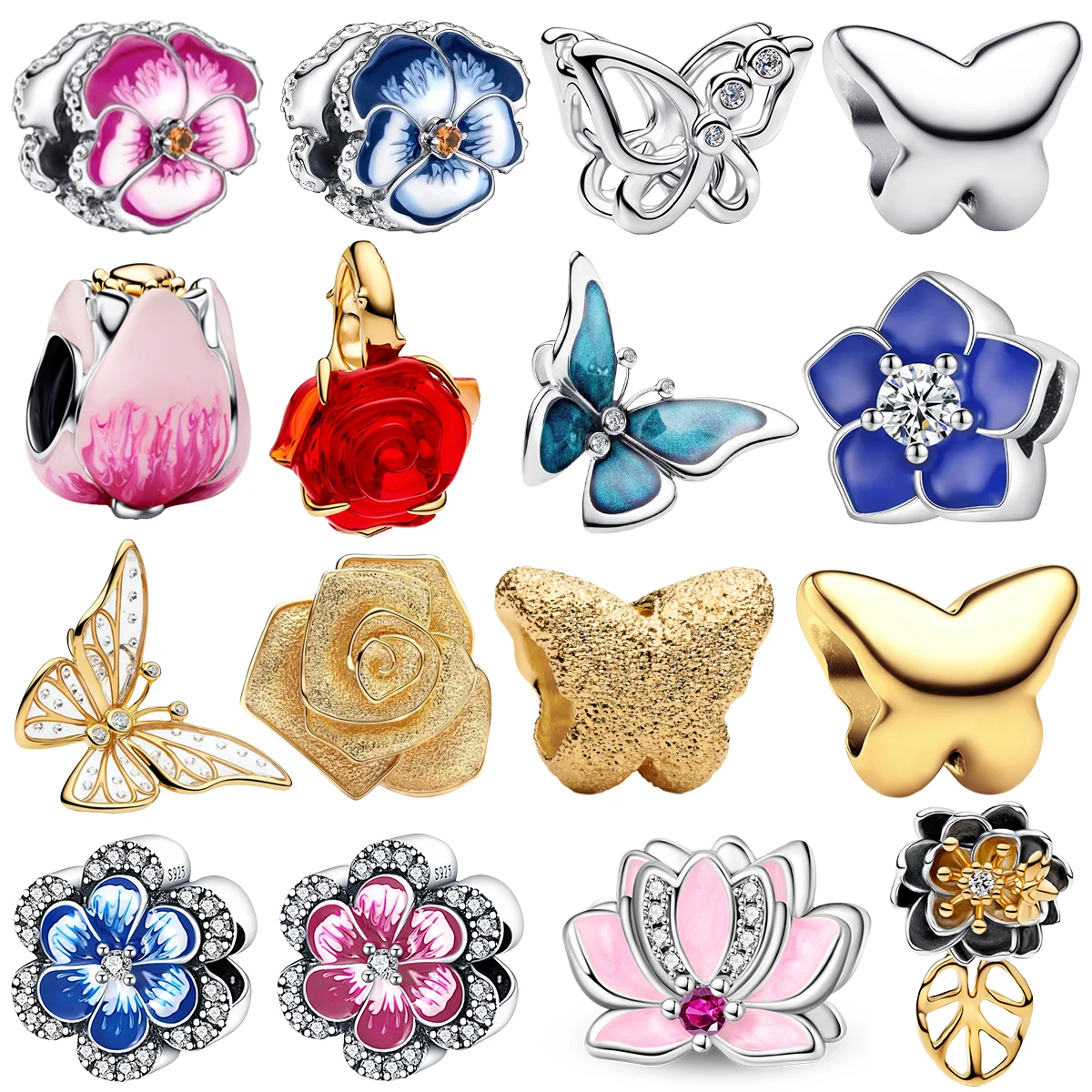 S925 Silver Romantic Elegance Enamel Inlay Floral Glitter Butterfly Beads Rose Relief Lotus Charms DIY Jewelry Fit Bracelet Gift