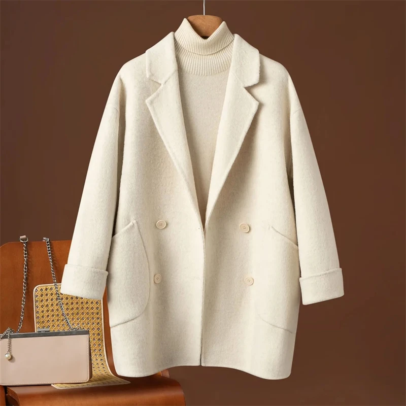 

Double-sided Wool Coat Autumn Winter Women's Suit Collar Cocoon-neck Raglan Sleeves Small Lloose Versatile Pure Woolen Coat New