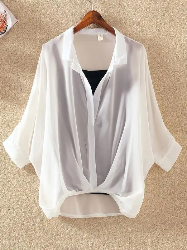 เสื้อชีฟองทรงหลวมแบบแขนค้างคาวสำหรับฤดูร้อน ช่วยให้ดูผอมเพรียว แฟชั่นสำหรับผู้หญิง คอปกเล็ก ความยาวปกติ ทรงเข้ารูป