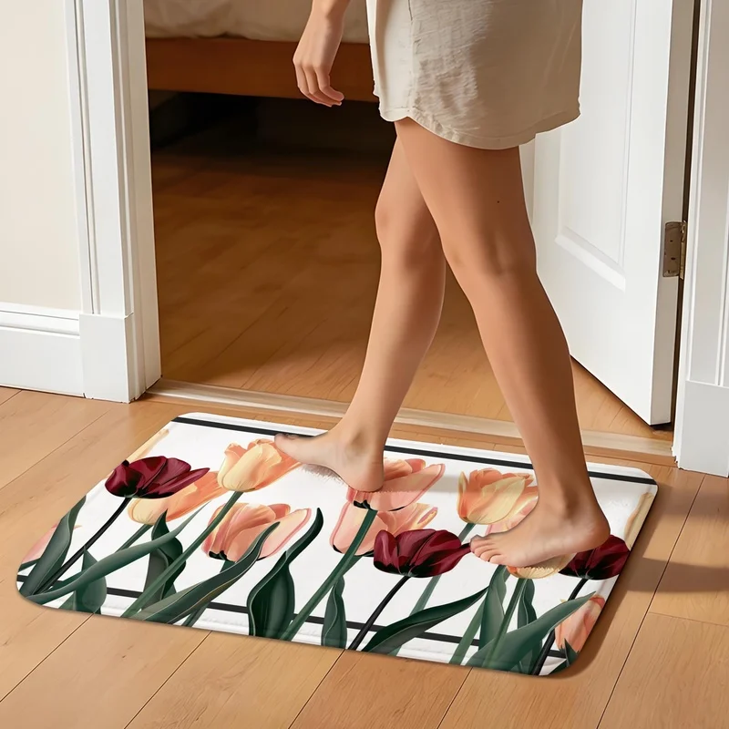 Vintage Tulip Floral Print Doormat Non Slip Absorbent Floor Mat Home Entryway Bathroom Decor Rug