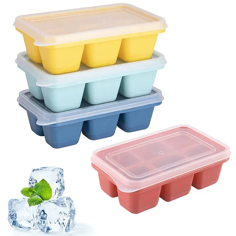 Silicone Ice Cube Trays with No-Spill Lids, Easy-Release, for Freezer, Whiskey, Cocktails, Baby Food, and Drinks - 6 Cubes