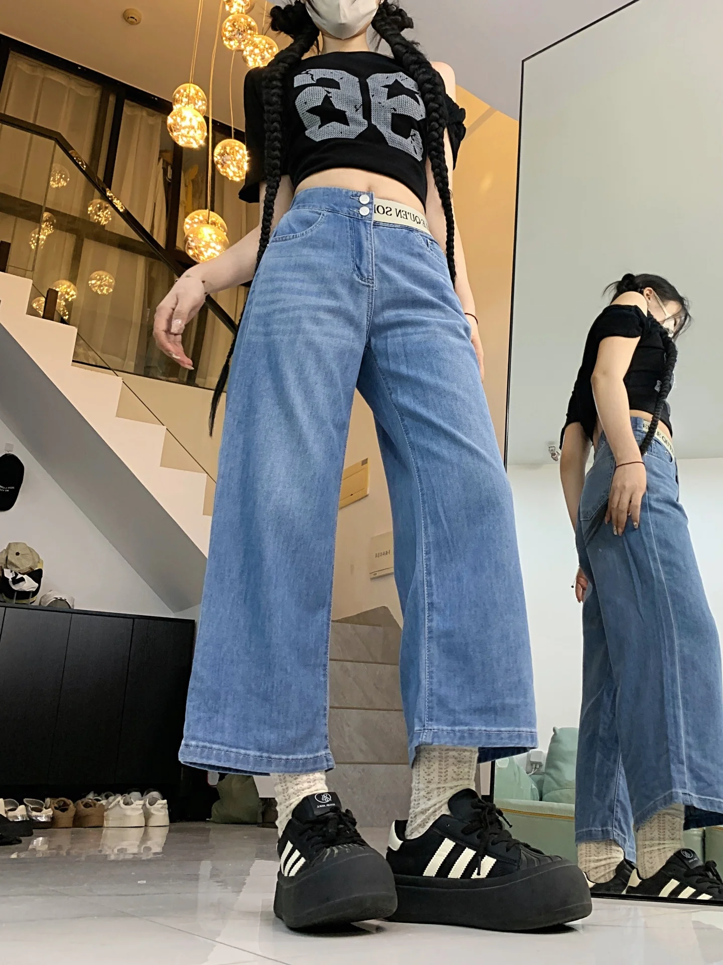 High Waist Wide Leg Jeans Women's Loose Fit Straight Cut Elastic Waist Denim Pants Autumn New Sle Slimming Durable Casual