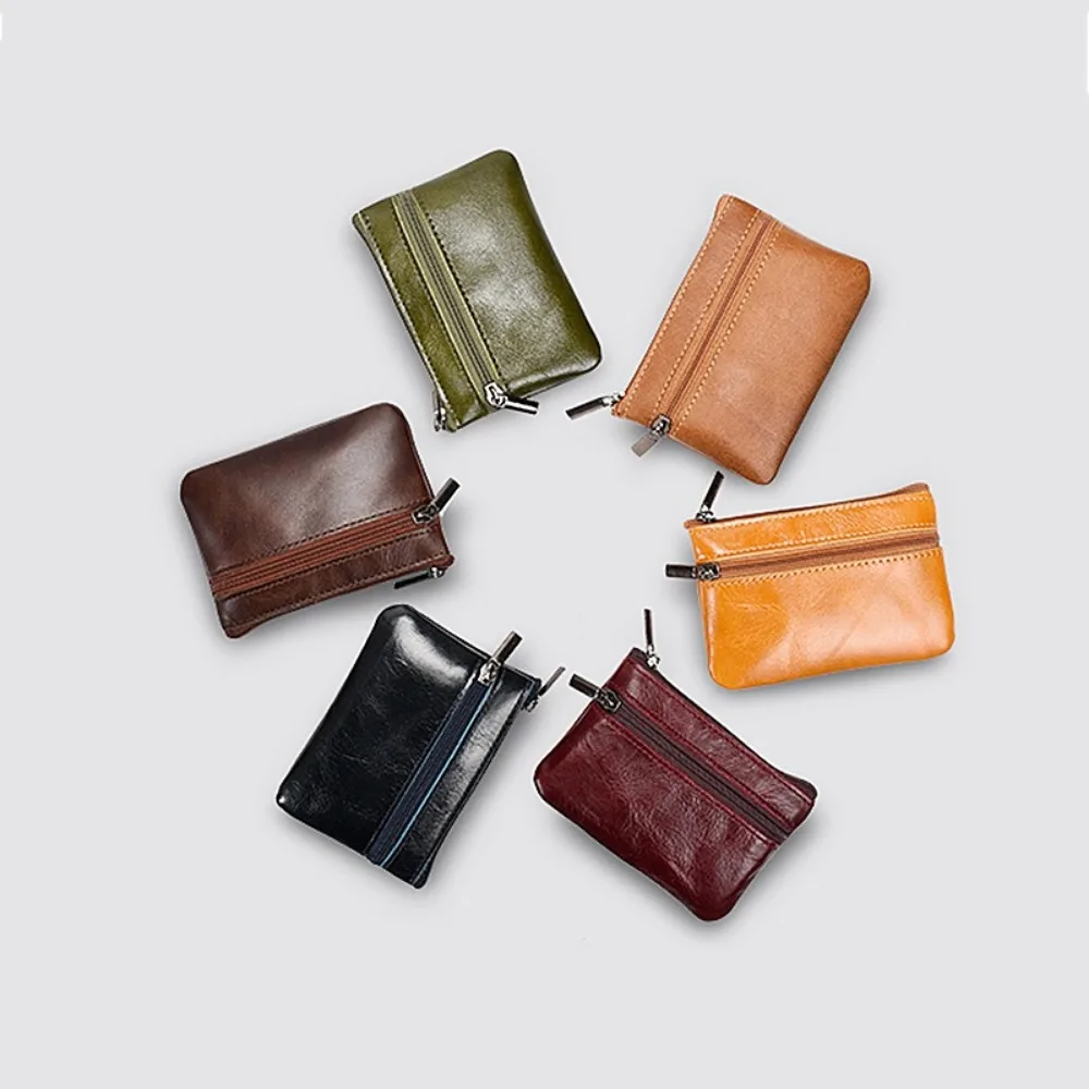 Simple Leather Mini Coin Purse Unisex Simple Portable First Layer Cowhide Retro Handmade Zipper Small Wallet Key Case
