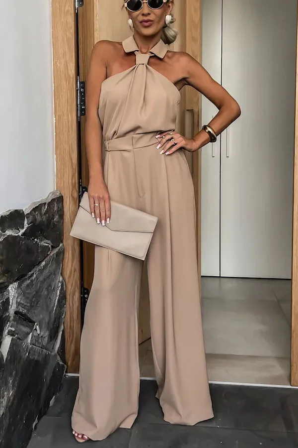 Sexy Solid Sleeveless Jumpsuit Spring Summer Fashion Commuter Women's Elegant Lapel Halter Neck Folds Wide Leg Trousers Jumpsuit