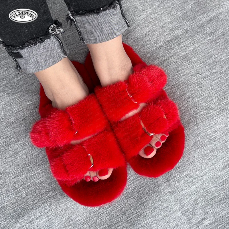 Slippers Women Summer,100% Mink Fur Slippers For Women,Flat Shoes,Soft and Comfortable,Luxury Fur Furry Slippers ,Sandals