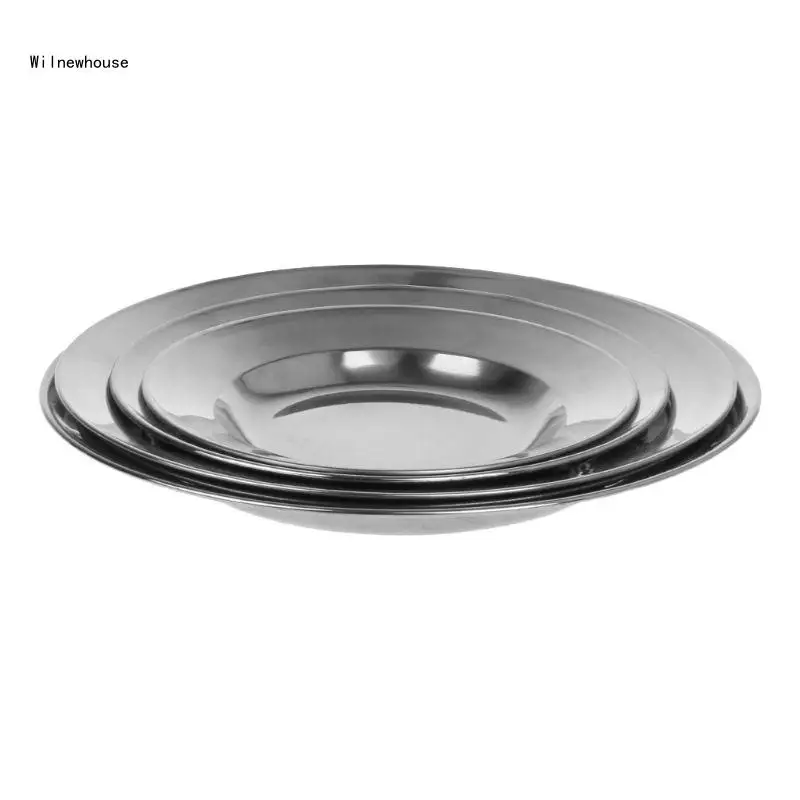 Stainless Steel Round Dinner Plate Dish Tray Container Outdoor Camping Pic Dropship