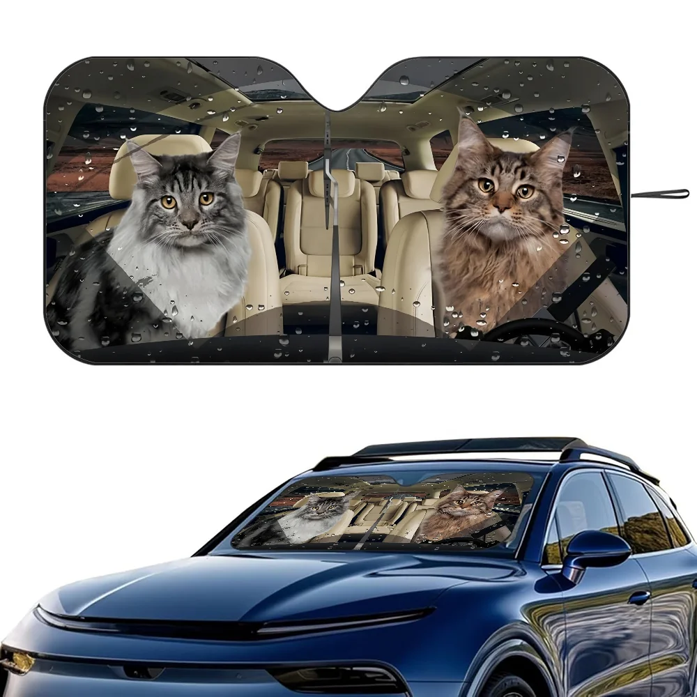 Maine Coon Cat Car SunShade Windshield Foldable Three-layer Insulation Sunshade By Suction Cup Blocks UV Rays Sun
