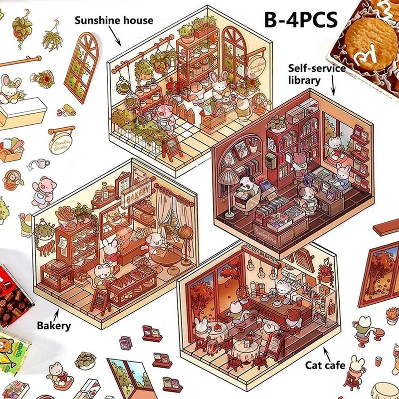 4 Sets DIY 3D House Stickers, Cute Cartoon Scene Stickers, Fun DIY Stickers Scene Make Your Own Supermarket