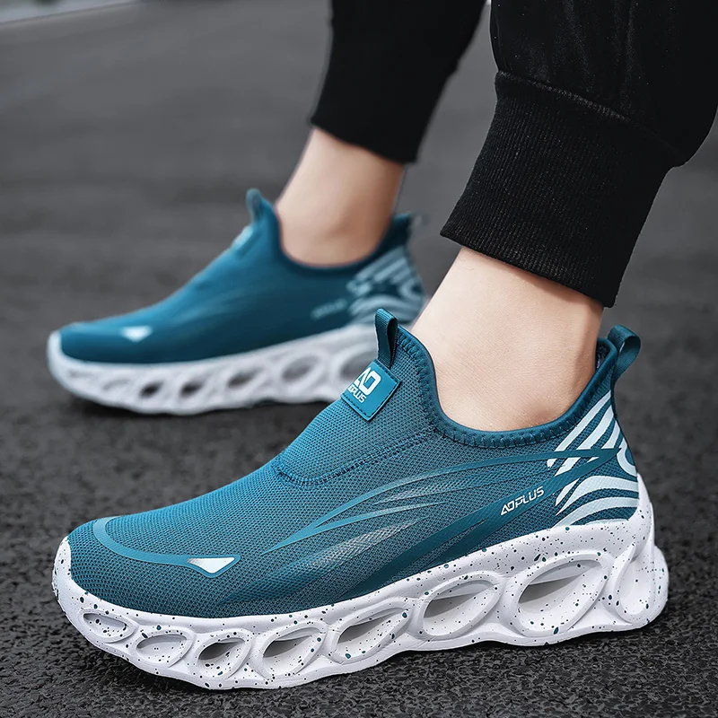 Couple Thick Bottom Slip On Sneakers Hollow Out Cushion Shoes Breathable Mesh No Lace Outdoor Casual Walking Footwear Plus Size - view 6