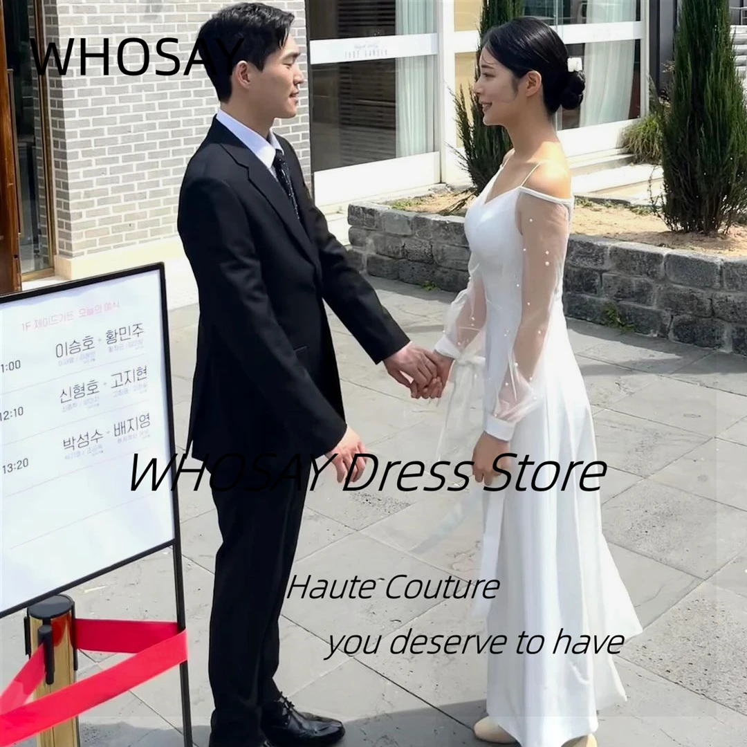 WHOSAY 심플 웨딩드레스 Beaded Sheer Long Sleeves Wedding Dresses Zipper Back Vistido De Noiva Ankle Length Special Occasion Bespoke