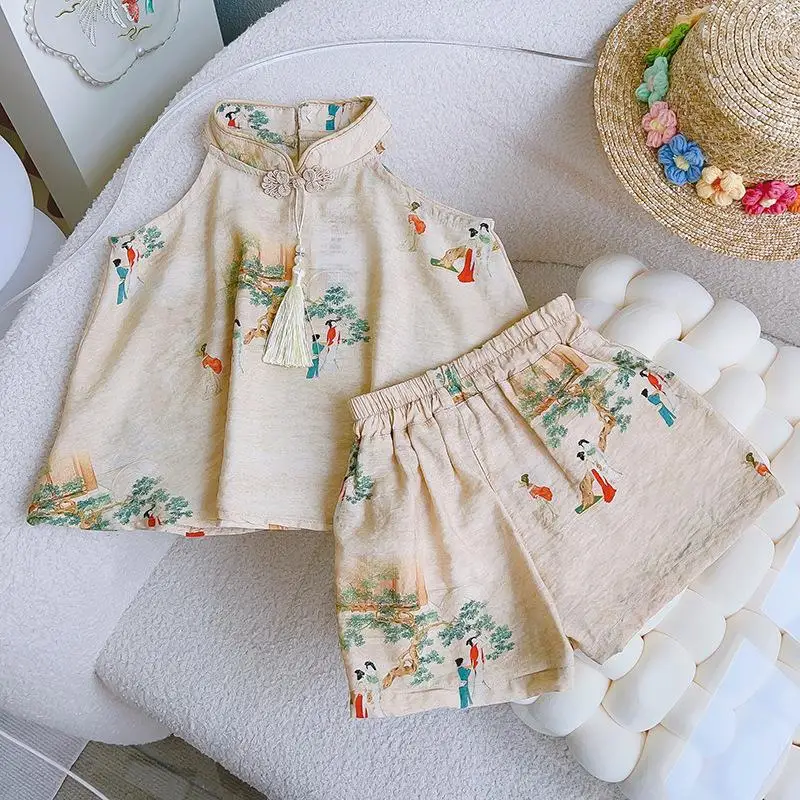 Girls' Suit2024Summer New Chinese Style Top Chinese Style Ancient Style Suspender Shorts Two-Piece Set One-Piece Delivery-WSNY