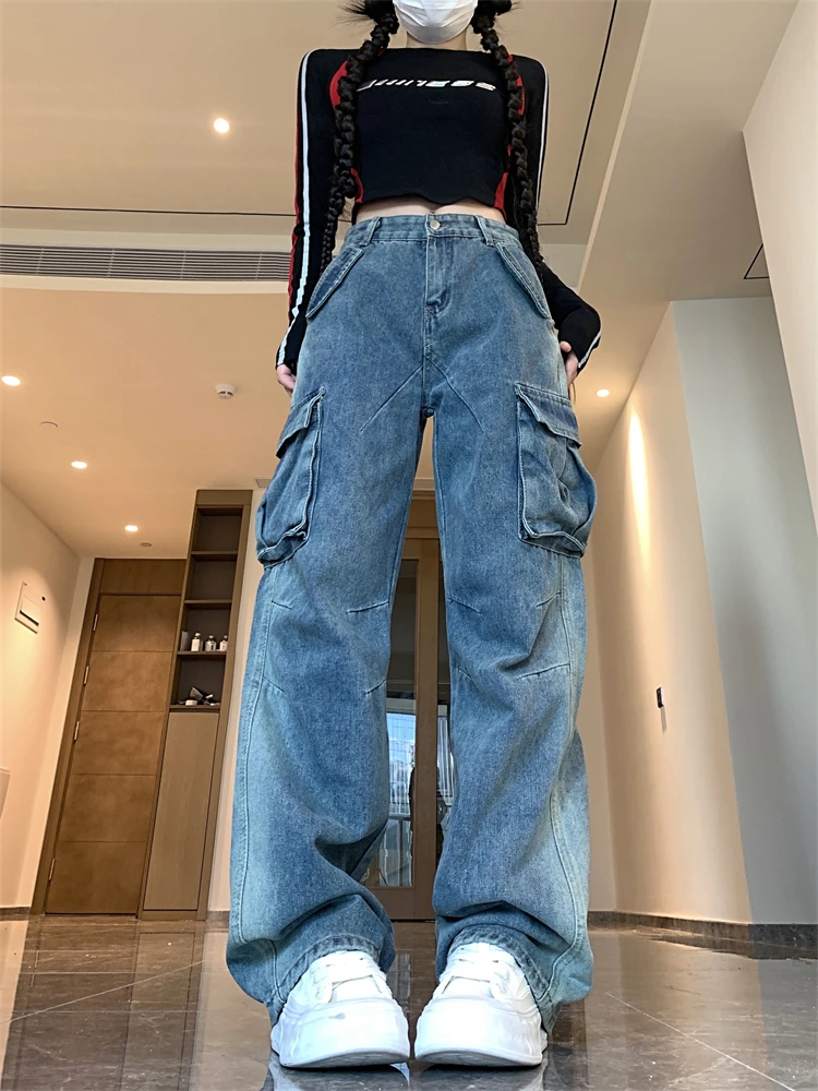 

Женские повседневные джинсы с карманами, крутая уличная одежда с высокой талией для девочек, модные брюки Ins, женские винтажные джинсовые брюки