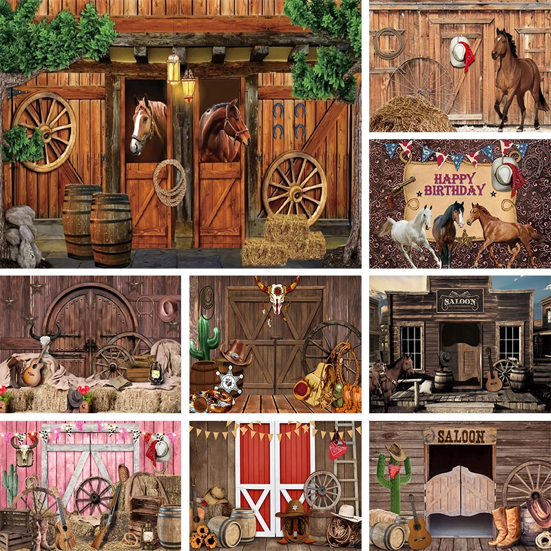 

Wild West Cowboy Theme Backdrop Happy Birthday Party Decor Rural Farm Horse Wood Door Vintage Saloon Bar Photography Background