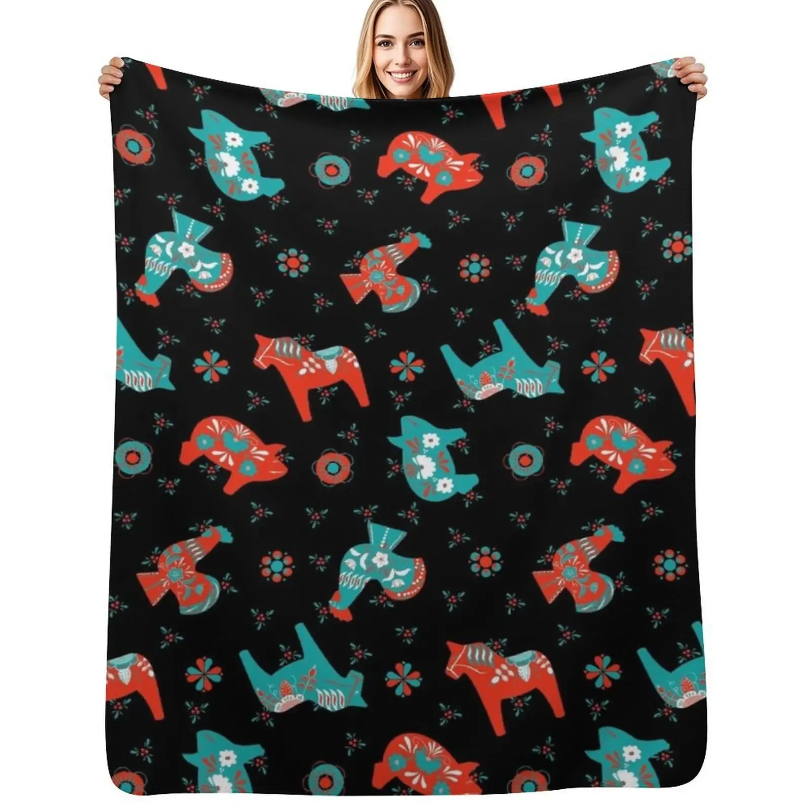 

Black Red Turquoise- Folk Art - Swedish Dala Throw Blanket Bed covers Soft Beds Sofa Throw Blanket