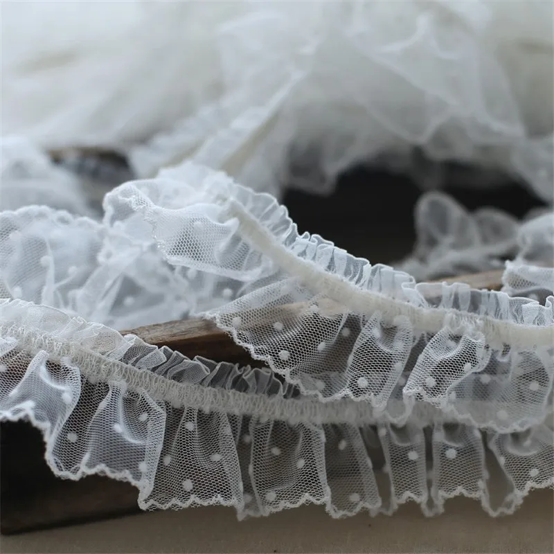 5CM Wide Luxury Tulle White Polka Dots Mesh Stretch Lace Applique Elastic Ruffle Trim Collar Cuffs DIY Sewing Guipure Decor