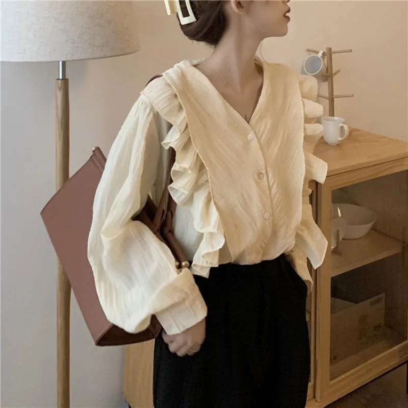 

V Neck Ruffles Patchwork Sweet Blusas Single-breasted Chic Women Clothing Blouses Top Vintage French Blusas Mujer De Moda 2024