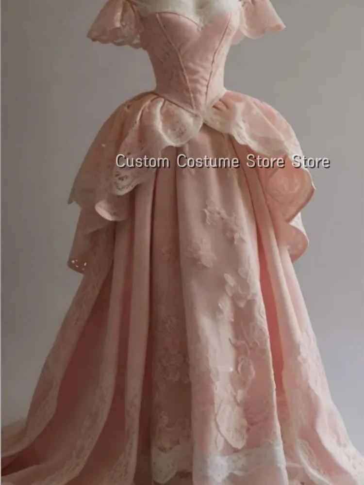 

Customized Sweetheart Pink Medieval Prom Dress Ruffle Sleeve Corset Corset Lace Trim Embroidered Hem Evening Dresses