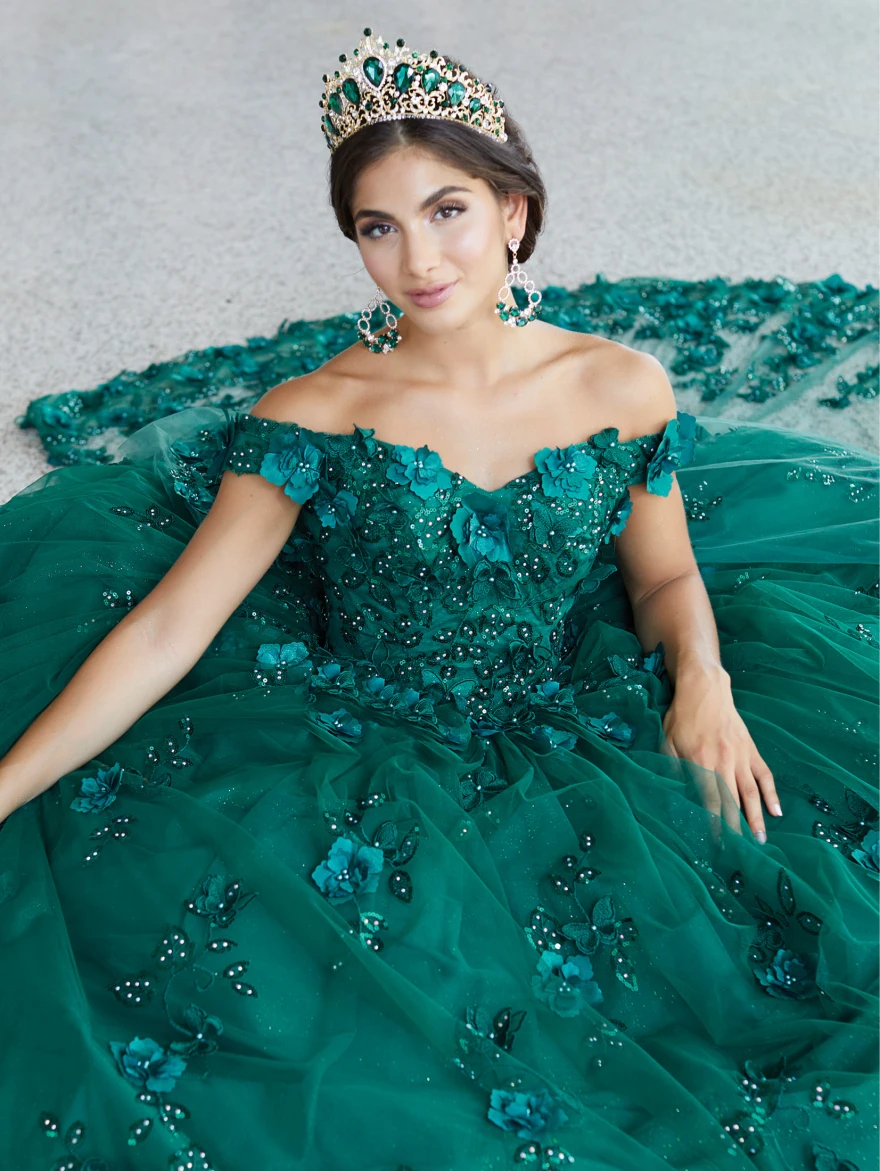 Lorencia Dark Green Quinceanera Dresses 2023 Ball Gown With Cap 3D Flower Appliques Beading Sweet 16 Vestido De 15 Anos YQD164