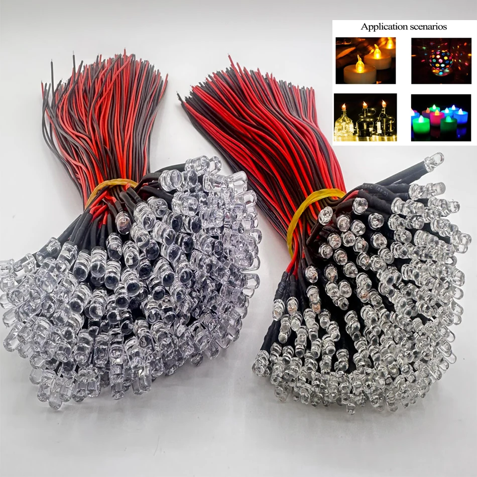 100Pcs 3mm 5mm LED Candle Flickering DC 5-12V Pre-Wired 20cm Round Orange Red Yellow Blue Flicker light-emitting diode Lamp Bulb