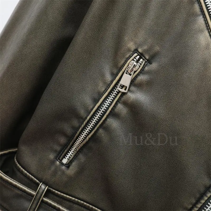 Mu&Du New 2024 Autumn Vintage Faux Leather Jacket Women\'s Zip Belt Pu Motorcycle Jackets Female Casual Loose Coats Outwear Mujer