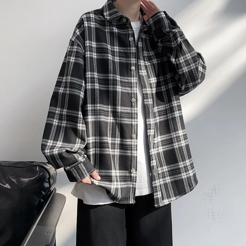 Mens Jakcet Casual Baggy All-match Retro Spring Plaid Turn-down Collar Streetwear Advanced Teenagers American Style Vintage Soft