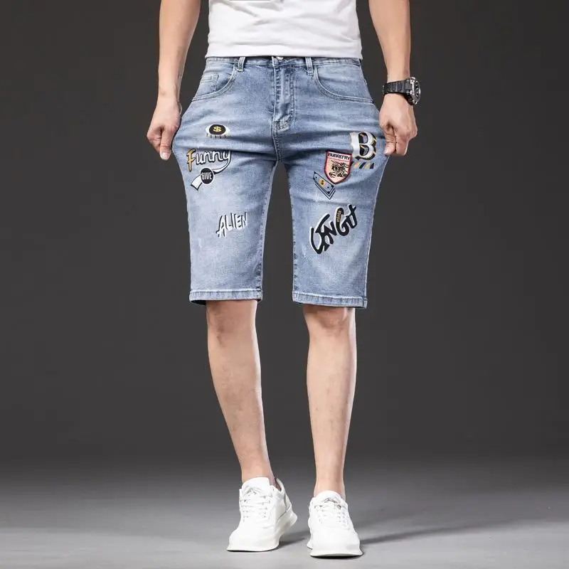 Summer thin personalized letter-printed denim shorts men's elastic slim-fitting medium pants casual straight five-point pants