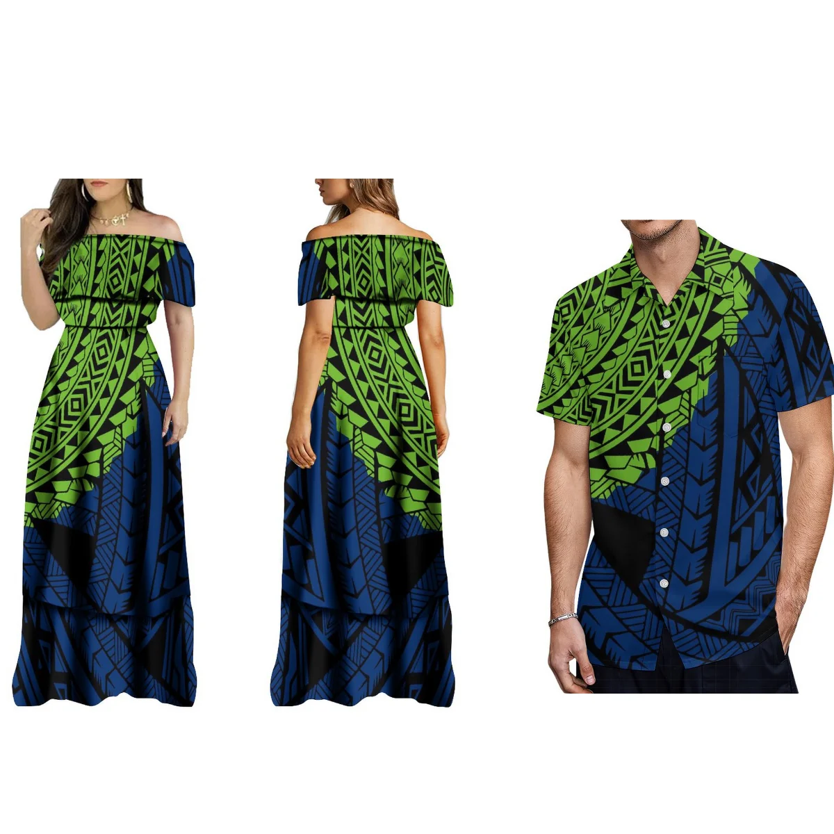 

Island Art Style Couple Set Women'S Off-The-Shoulder Dress Dinner Evening Gown Polynesian Islands Custom Hawaiian Men'S Shirt