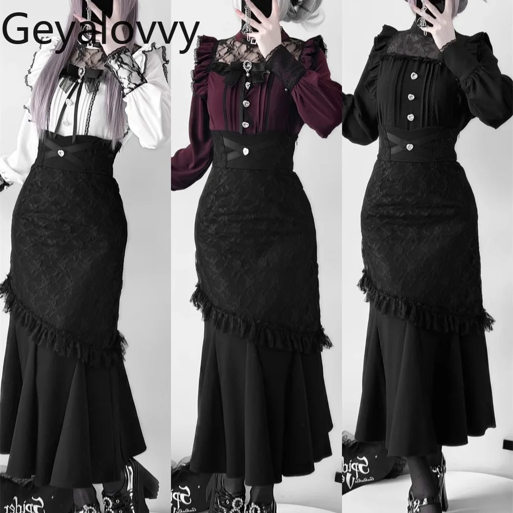 

Japanese Original High-Waisted Slim Fit Mermaid Skirt and Sweet Girls Versatile Stand Collar Bow Lace Long Sleeve Shirt Set