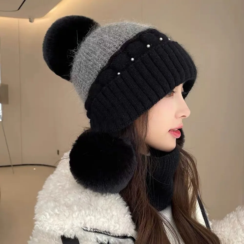

Sweet Solid Color Woolen Knitted Cap Knitted Windproof Plush Beanie Hat Plush Ball Cold-proof Ear Protection Hat Ladies
