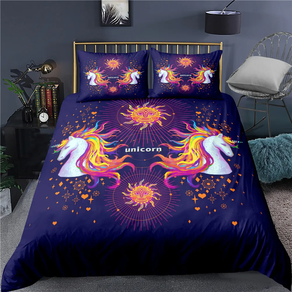 Bedding Unicorn Bedding Set for Kids Cartoon Duvet Cover With Pillowcases Girls Purple Bed Set Floral Home Textiles Kids Gifts