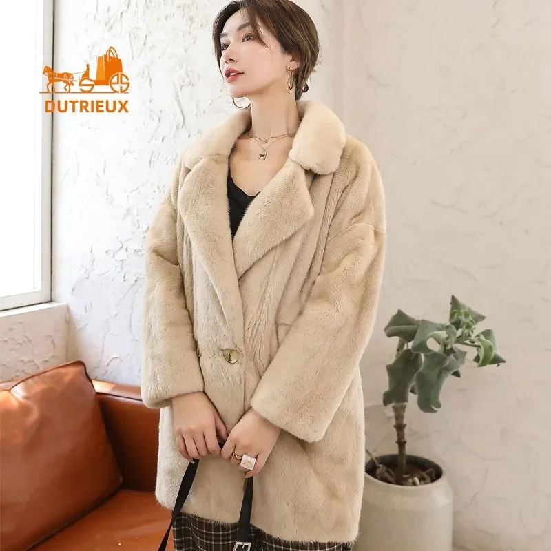 2024 Winter New Luxury Mink Coat , Women's Temperament 100% Velvet Mink Real Fur Lapel Hooded Mink Jacket , Mid-Length Fur Coat