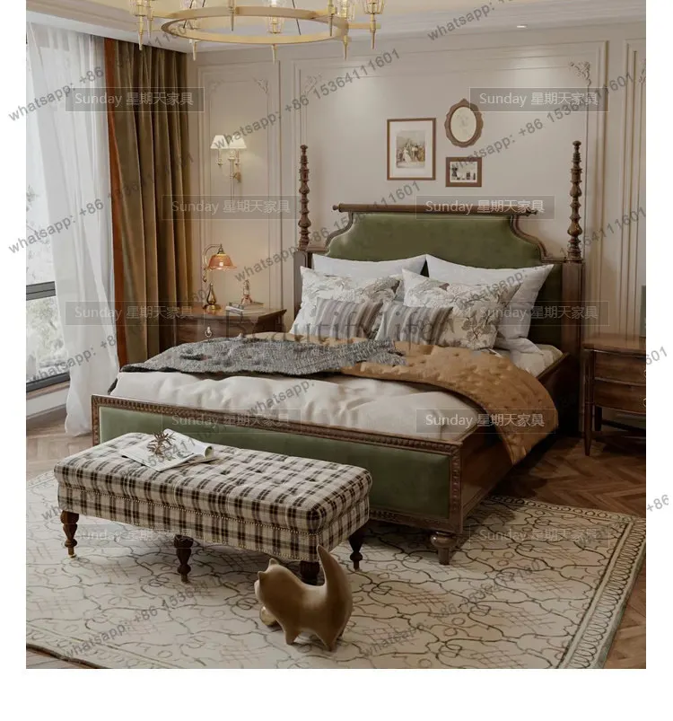 8French high-end solid wood carving flower bed soft bag Roman column master bedroom 1.8 meters wedding bed