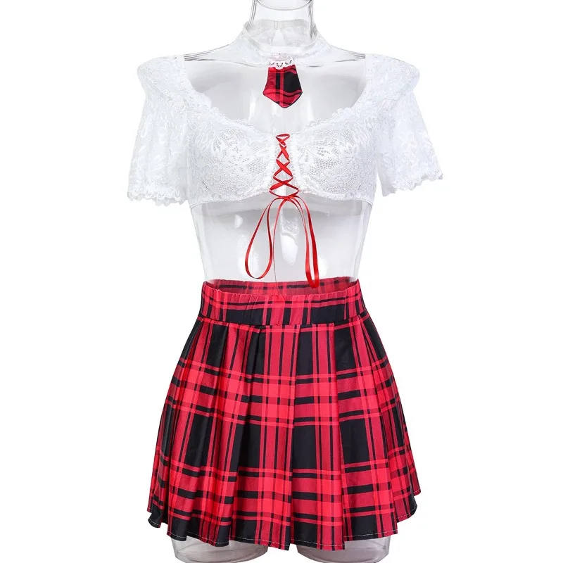 

Tornova Sexy Lace Lingerie Suit for Women Lace Up Hollow Out See-through Underwear Plaid Skirt Sexy 4-piece Set Maid Uniform New