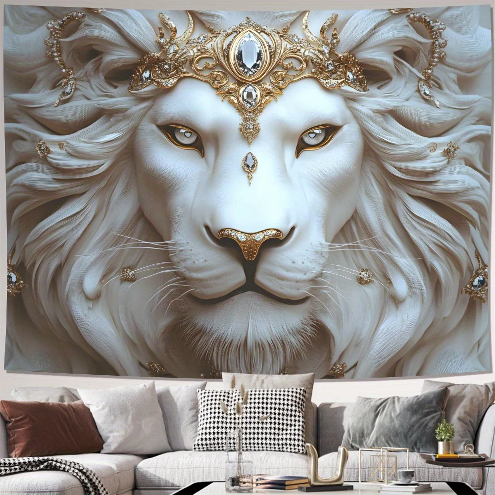 Luxury Lion Head Tapestry, White and Gold Regal Animal Wall Art, Soft Beige Fabric for Modern Living Room and Office Decor