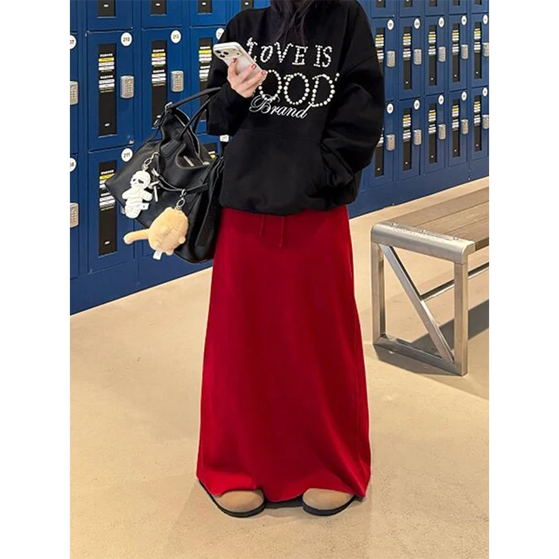 MEXZT Vintage Red Knitted Long Skirt Women Streetwear High Waist Maxi Skirts Autumn Winter Ladies Korean Design A Line Faldas