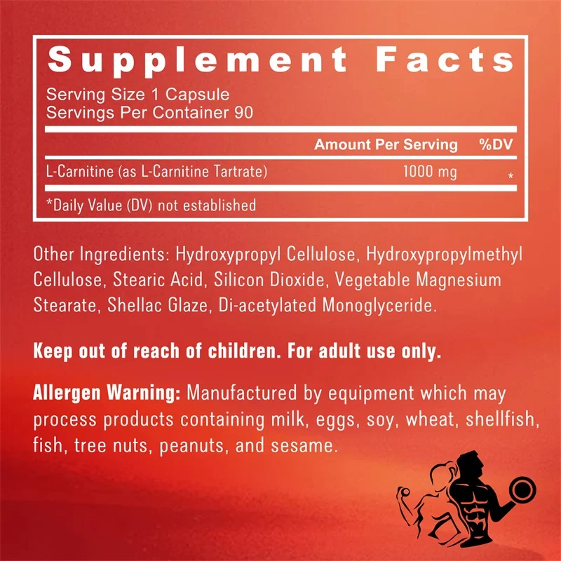 L-Carnitine Capsules - Helps Support Brain Health, Improves Energy, Memory and Concentration, and Promotes Fat Metabolism