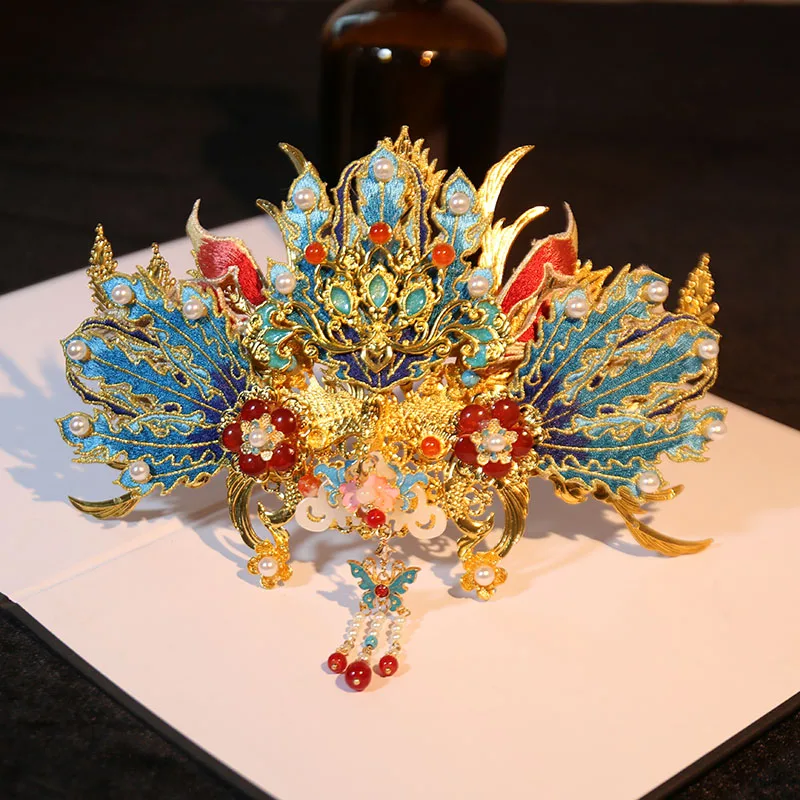 Luxury Chinese Phoenix Crown Bridal Headdress Set Vintage Tassel Step Shake Hairpins Earrings Grand Oriental Xiuhe Hanfu Hairwe