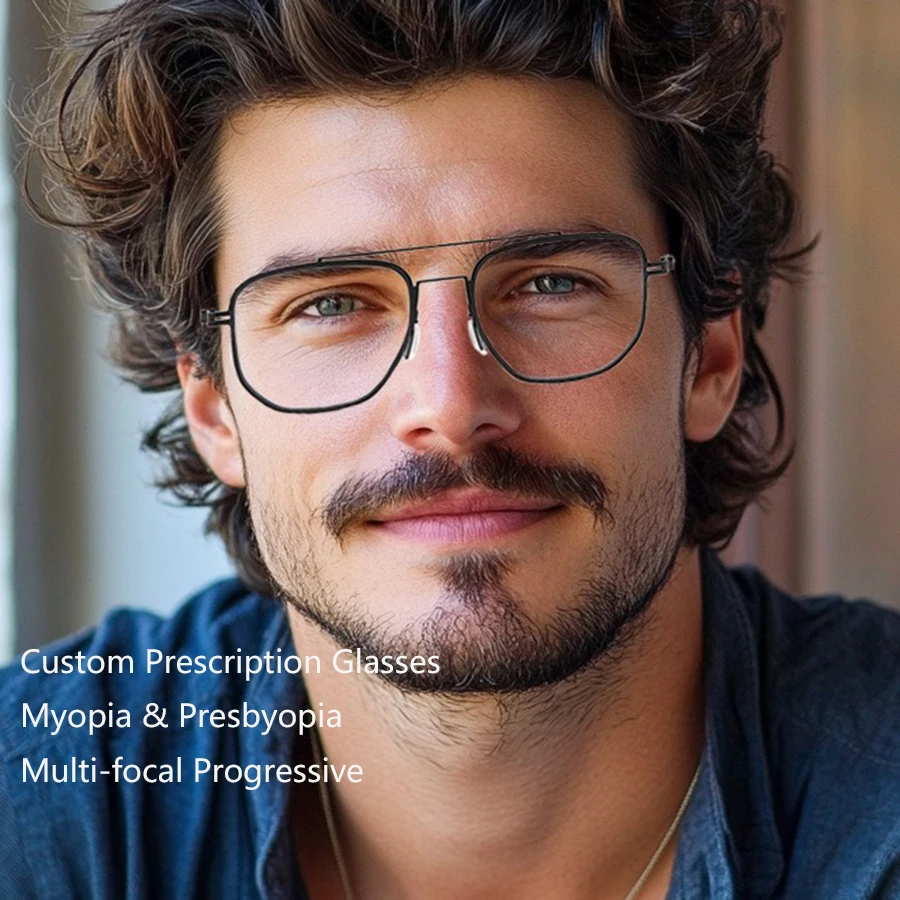 

Me‘’s Custom Prescription Glasses Square Metal Frame Photochromic Anti-Blue Light Presbyopia Myopia Lens Eyeglasses